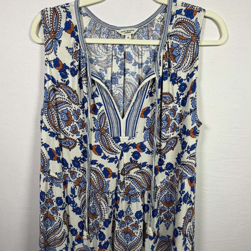 Max Studio London Maxi Dress Paisley Floral Boho Tiered Sleeveless Womens 1X - Picture 2 of 11